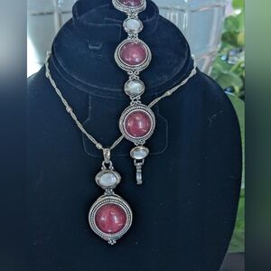 Elegant Burgundy and Silver Necklace and Bracelet Set, Lia Sophia